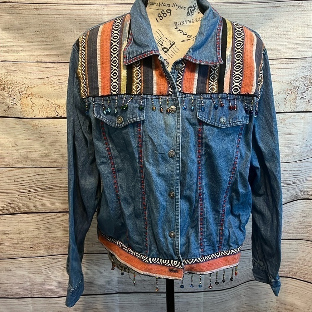 Keren Hart Vintage Denim Shirt Button Down Embellished Embroidery Beading Cotton
